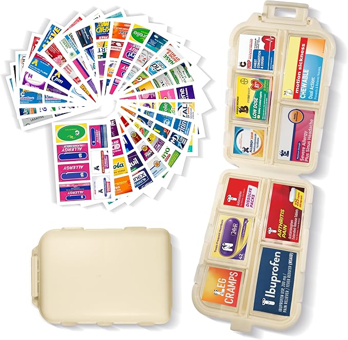 Pill Organizer with 161 Medicine Labels, Beige Travel Pill Case | Compact 10-compartment pill case with 161 labels for daily vitamins, supplements, 7-day planning, purse, backpack, and travel