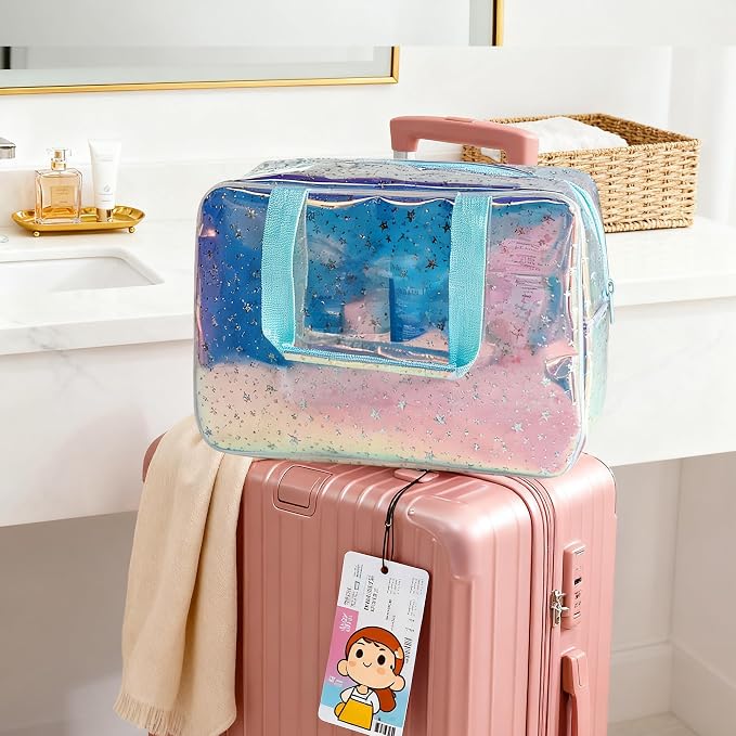 Holographic Purple Star Large Cosmetic Bag and Travel Pouch with Handle,Durable Material,Zipper Design-Ideal for Makeup,Travel Essentials (Purple Handle)
