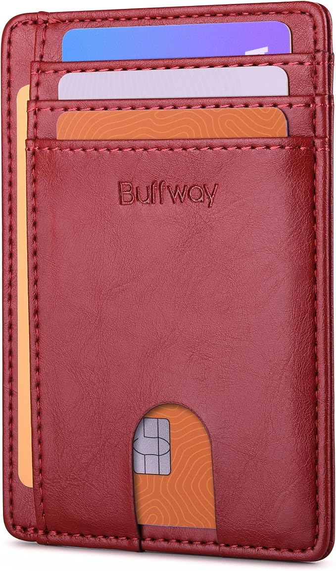 Buffway Slim Minimalist Front Pocket RFID Blocking Leather Wallets for Men and Women - Alaska Cherry