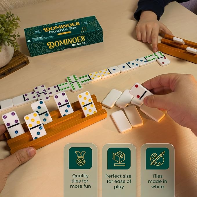 Queensell Large Tiles Dominos Set for Adults and Kids with Colored Dots - Double 6 Dominoes Set is a Classic Board Games for Kids and Adults - Double Six Standard Dominos Set 28 Tiles