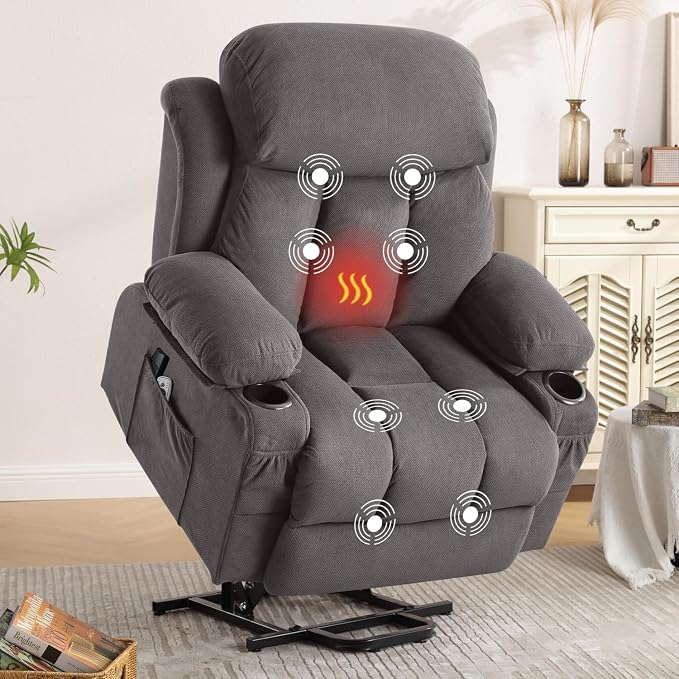 Power Lift Recliner Chair for Elderly with Vibration Massage and Lumbar Heating Electric Oversized Single Sofa with Cup Holder and USB Charge Port for Living Room