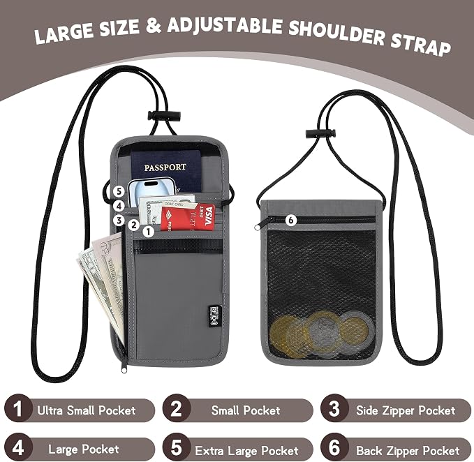 Likesing 5.5" L x 7.9" W Travel Neck Wallet, RFID Passport Holder (Grey) | RFID Blocking Passport Holder for Travel, Security Lightweight Passport Travel Wallet, Neck Pouch Gifts for Women Men