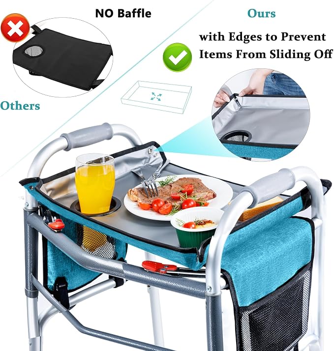BAGSFY Walker Tray with Cup Holder & Side Pocket – Hard Top Walker Table for Seniors – Folding Walker Accessory for Meals, Reading, Drinks – Non-Slip Surface, Tool-Free Install, Universal Fit