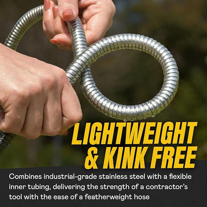 BIONIC STEEL 100 Ft Metal Garden Hose with Sprayer Nozzle | Non Kinking Design, Stainless Steel Heavy Duty Water Hose 100 Ft x 5/8 in. Flexible & NON Expandable for Water Flow, 500 PSI