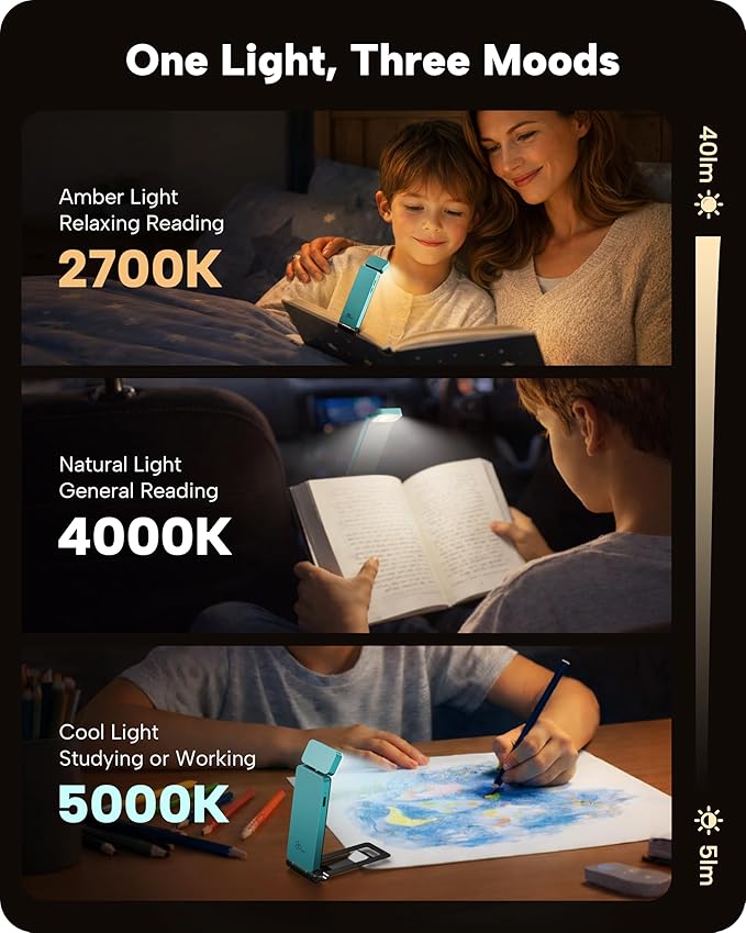 86lux Book Light, Rechargeable Clip-On LED Reading Light for Bed & Night Use - 3 Color Temperatures with Stepless Dimming, Ultralight Bookmark Design for Kids, Book Lovers, Cyan