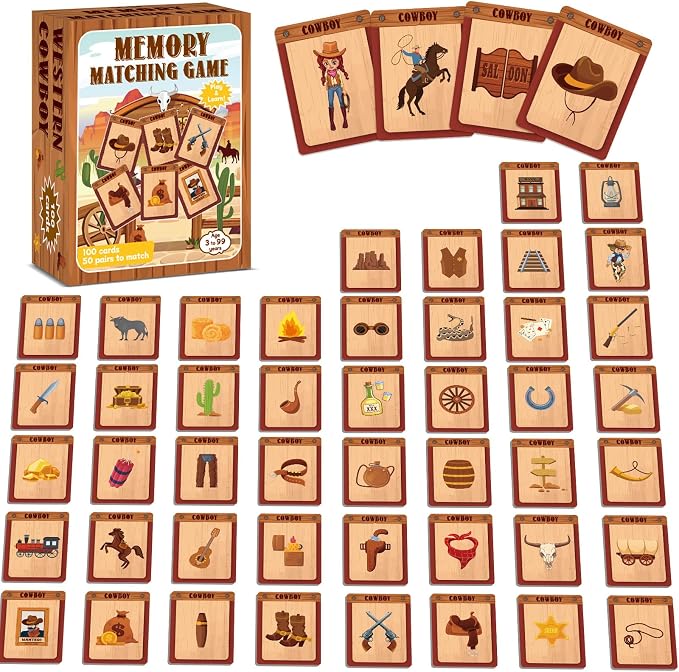 gisgfim 100 PCS Memory Matching Game Cowboy Concentration Memory Card Games for Kids Educational A Fun & Fast Western Party Favor Wild West Theme Matching Games