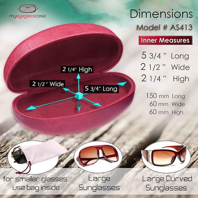MyEyeglassCase® Large Hard Sunglasses Case | fits Large curved Sunglasses, with microfiber bag and cleaning cloth