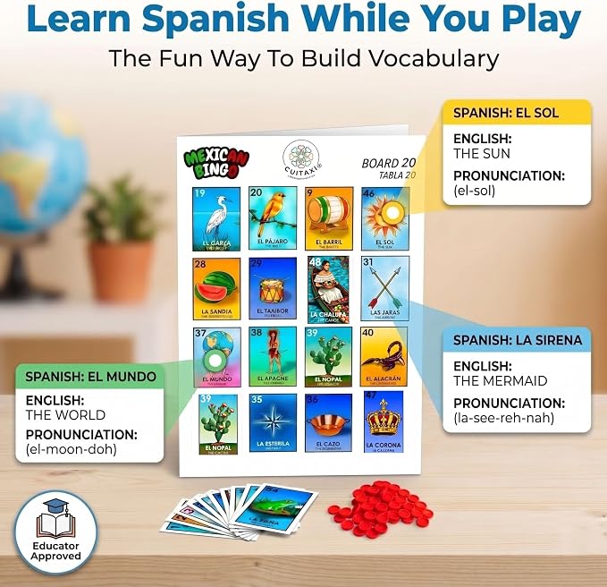Cuitáxi Mexican Bingo Game with 100 Bingo Chips for 20 Players Made in Mexico - Mexican Gifts de lujo - Juegos de mesa - Spanish Board Games