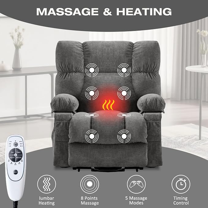 Power Lift Recliner Chair for Elderly with Vibration Massage and Lumbar Heating, Electric Lift Recliner Sofa with USB Charging Port and Side Pocket, Adjustable Lift Chair for Living Room Comfort