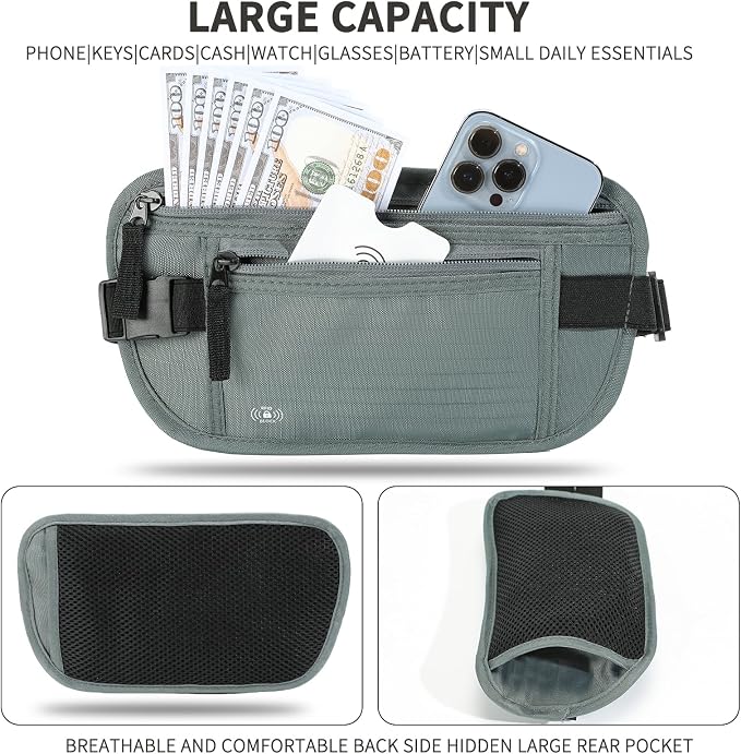 Money Belt for Travel, RFID Blocking, Hidden Money Belt, Passport Holder for Travel (Dark Green)