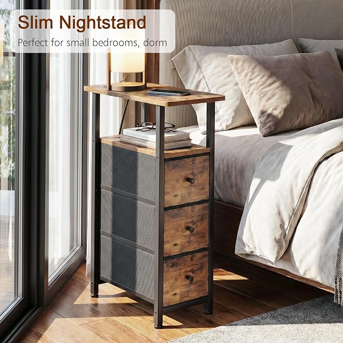 Narrow End Table with Charging Station, Small Nightstand | Skinny Side Tables Living Room with 3 Fabric Drawers, Slim Bedside Table for Bedroom, Small Spaces, Couch, Rustic Brown