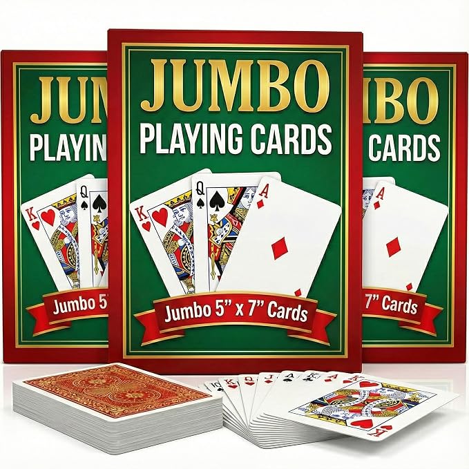Bedwina Jumbo Playing Cards, Giant Extra Large Print Poker Playing Cards | Casino Theme Poker Party Decorations, Low Vision Gift, Family Game Night, Waterproof, Funny Oversized 5 x 7 Inch Cards 3 Pack