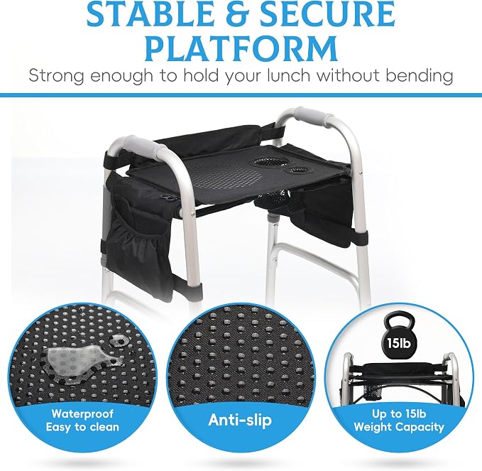 Tray for Walkers for Seniors with Cup Holder - Walker Accessories【w/Pockets, Cup Holder & Non Slip Mat for Food】Mobility Trays Fits Most Standard Folding Walkers, Easy & Removable Assembly