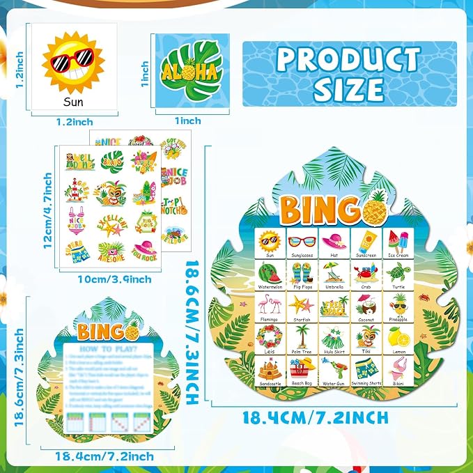 39Pcs Hawaiian Bingo Game for Adults Kids 24 Players Tropical Summer Palm Leaves Bingo Game Cards with Reward Stickers for Family Friend Student Large Group Activities Luau Theme Party Supplies Favors