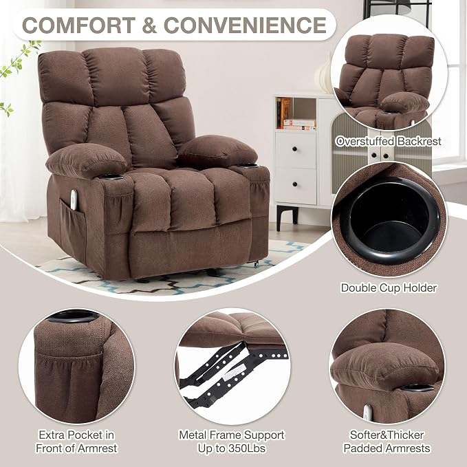 Massage Rocker Recliner Chair with Heat and Vibration Ergonomic Rocking Lounge Chair for Living Room Comfy Overstuffed Recliner with 4 Side Pockets,2 Cup Holders, Brown