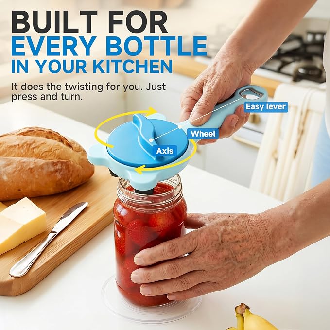 2026 Upgraded 4-in-1 Jar Opener - Adjustable Stainless Steel Lid Remover for Seniors & Arthritis Sufferers, Fits Kitchen Jars, Bottles & Cans Blue(2Pcs)