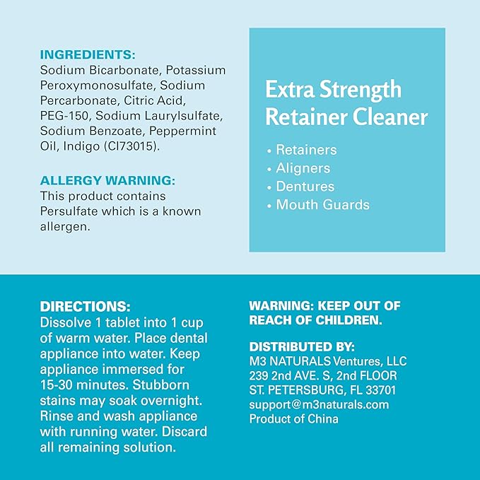 Retainer Cleanser Tablets Invisalign Cleaner, Removes Odors Discoloration Stains and Plaque 4 Month Supply Denture Cleansers Retainers Mouth Guards Denture Bath Mint by M3