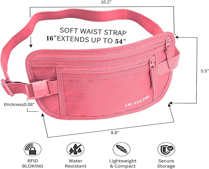 Money Belt for Travel - Hidden Travel Pouch Protect Your Credit and Money With RFID Blocking Passport Holder Waist Wallet (Pink)