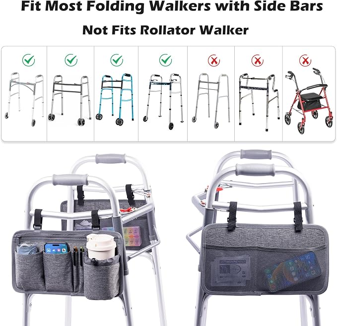 BAGSFY 2-Pack Walker Side Bag, Universal Walker Accessories with Cup Holder, Waterproof Folding Walker Organizer Caddy Pouch for Most Walkers with Side Bars, Double-Sided Storage for Seniors & Elderly