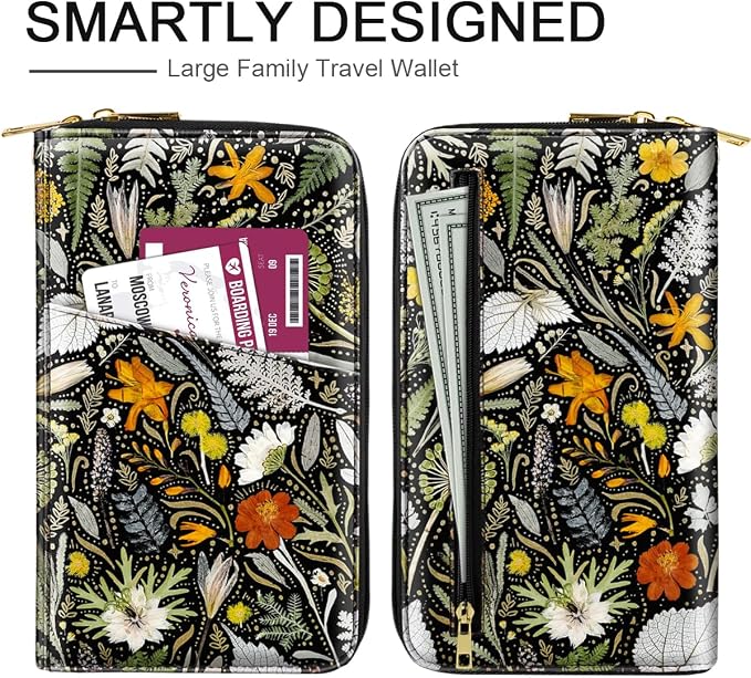 Family Passport Holder Wallet RFID Blocking Document Organizer | PU Leather Mulit-purpose Travel Wallet Credit Cards Case for Women Men, Dried Floral