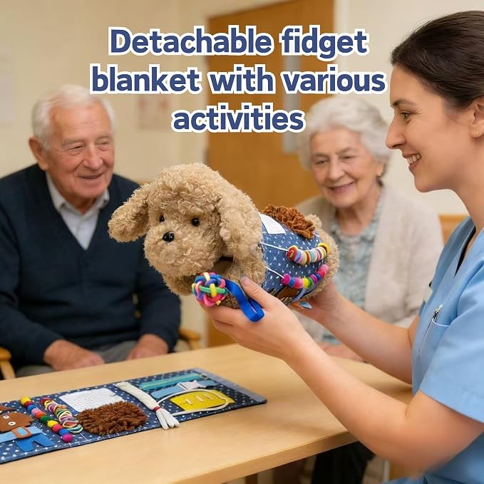 2-in-1 Fidget Blanket and Hand Muff Dog for Dementia Seniors, Sensory Toy for Anxiety Relief