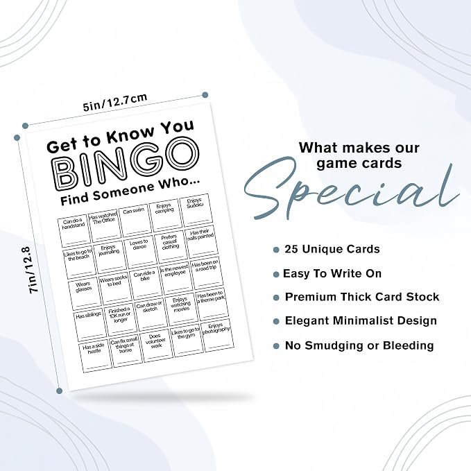 Find Someone Who Bingo Cards, 25 Unique Randomized 5x7 Sheets, Get to Know You Bingo Game for Adults, Ice Breaker Office Party Games, Team Building Games for Work, High Replay Value - A01