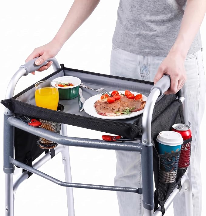 Walker Tray for Folding Walker with Cup Holder, Detachable Tray for Walker, Walker Accessories for Senior with Non-Slip Mat, Universal Fit for Meals, Drinks, Reading,Laptop (Black with Side Pockets)