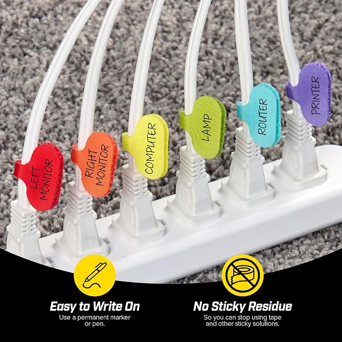 Wrap-It Storage - Cable Labels - Oval, Multi-Color (36 Pack) - Write-On Wire Tags for Cord Identification with Power Strips Behind Desks and TVs