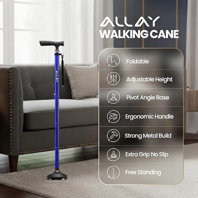 Allay Walking Canes for Men & Women - Adjustable Canes for Women for Stability, Self Standing Wide Quad Pivot Base, Light Weight, Soft Handle Grip and Travel Bag, Walking Sticks for Seniors