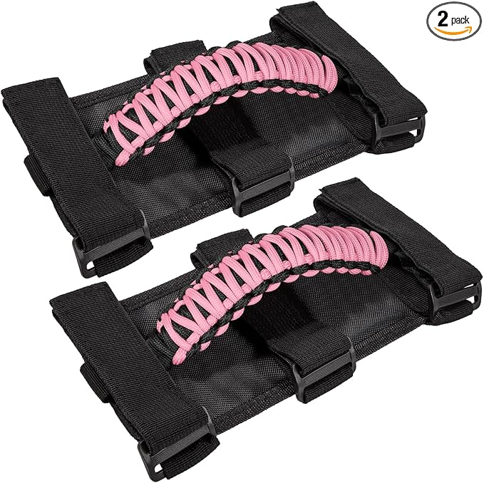 E-cowlboy Roll Bar Grab Handles Grip Handle for Jeep Wrangler JK JKU JL JLU TJ YJ Sports Sahara Freedom Rubicon Unlimited Gladiator JT 1955-2023 UTV ATV Accessories Premium 550 Paracord (Pink 2 Pack)