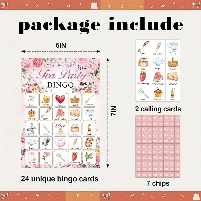 Tea Party Bingo Game Cards, Pink Floral Bingo Set for Adults Large Group, Garden Tea Themed Fun Games, Bridal Shower Bachelorette Party Activities, Icebreaker Games for Family Friends -22