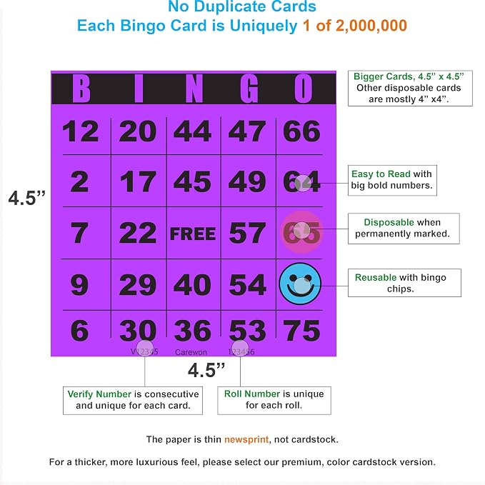 100 Bingo Cards, Large 4.5 x 4.5 Inch, Purple, Paper Bingo Sheets | 8 Color Options, Premium Cardstock, Disposable with Daubers or Reusable with Chips — Proudly Made in USA