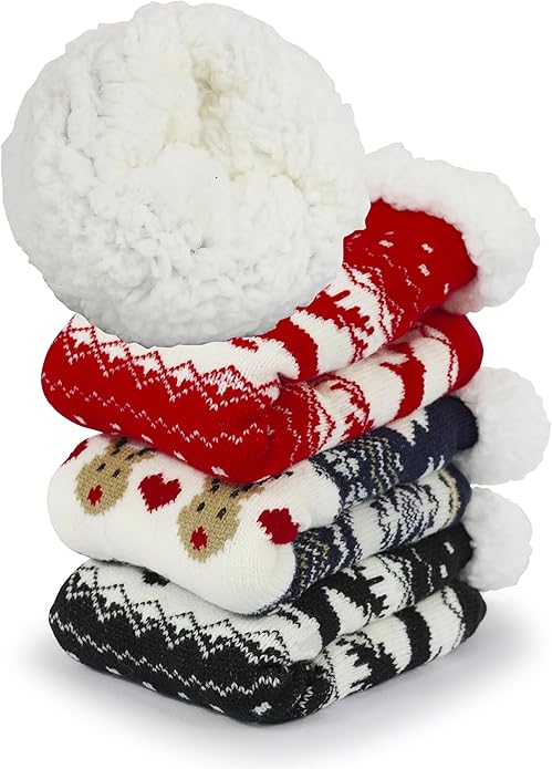 Slipper Socks for Women with Gripper - Winter Non Slip Thick Fuzzy Socks - Warm Cozy Christmas Gift
