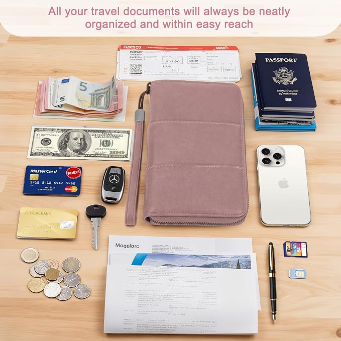 RFID Family Passport Holder Wallet - Travel Document Organizer | PU Leather, with Wristlet, Zipper, Cards, Boarding Pass, ID, Cash, Ticket Pockets,Travel Essentials Gifts for Women Men