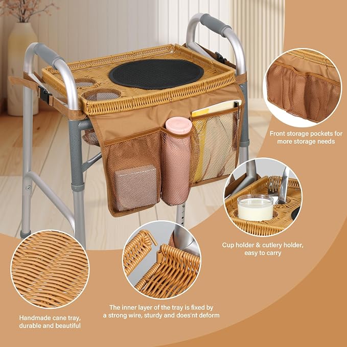 Walker Tray for Folding Walker, Handmade Rattan Trays for Walkers for Seniors Detachable with Cup Holder,Walker Trays for Rolling Folding Walker,Walker Accessories for Elderly