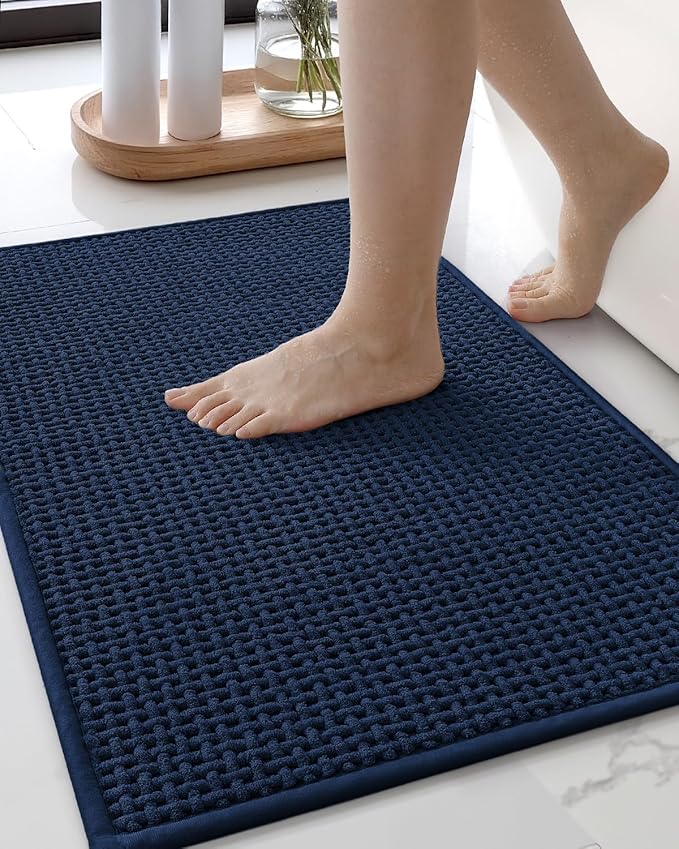Color&Geometry Chenille Pile Bathroom Rugs Upgraded Denser, 17"x29.5" Non Slip Absorbent Blue Bath Mats for Bathroom Thin Fit Under Door, Washable Quick Dry, Standard Sized