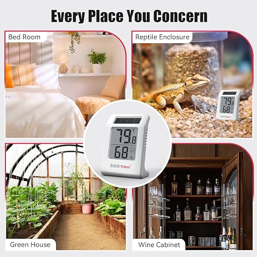 Digital Thermometer and Humidity Meter, Solar-Powered 2.2" Indoor Temperature Sensor Humidity Monitor, Humidity Gauge for Baby Rooms, Bedrooms, Home, Office, and Wine Cellars, White, 3Pack