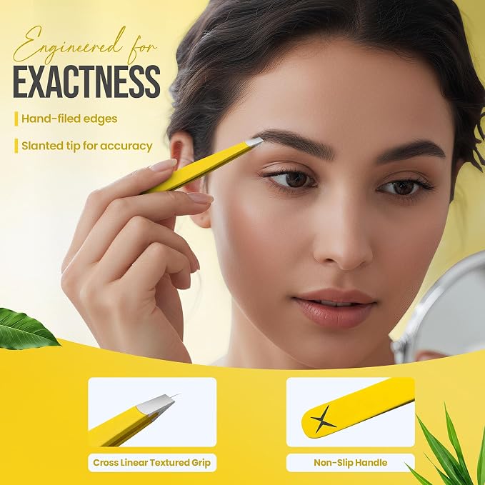 Professional Slant Tip Tweezers - Precision Stainless Steel Eyebrow Plucking Tool for Women and Men, Ingrown Hair Remover, Facial Hair Tweezers for Grooming (Lemon Silk)