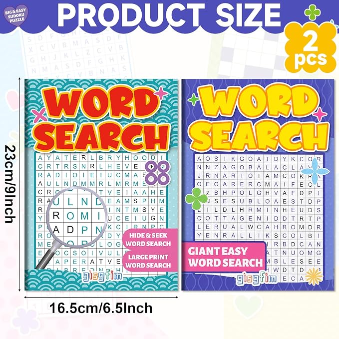 2 Pack Large WordSearch Puzzle Books for Adults Aging Seniors 6.5x9 Inches Word Find Puzzle Books with Large Print Words Activity Book Variety Themes Brain Games and Stress Relief