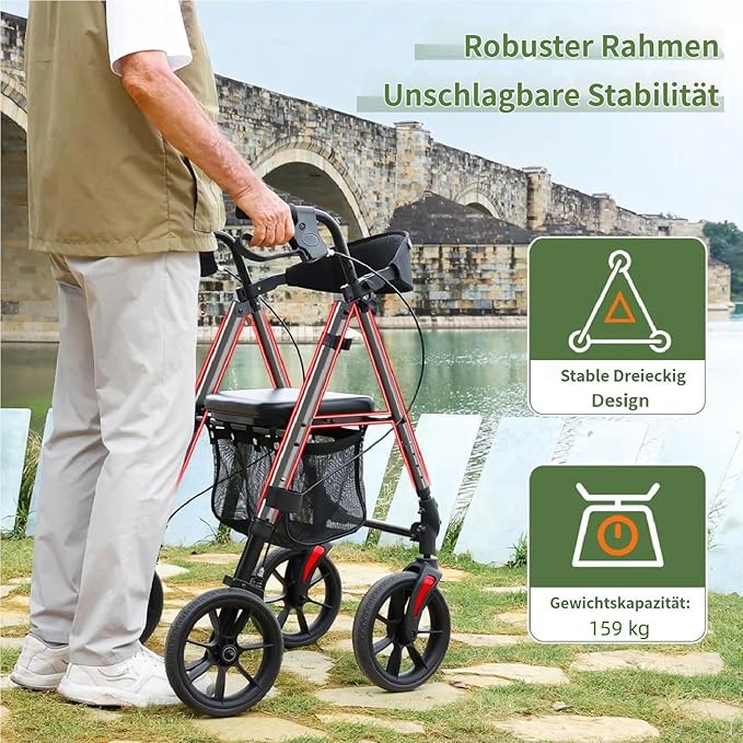 WALK MATE Walkers for Seniors, 4 x10 Inch Big Wheels Rollator Walker with Seat 350lb Weight Capacity Foldable All Terrain Rolling Walker, Lightweight Mobility Aid with Adjustable Height, Grey