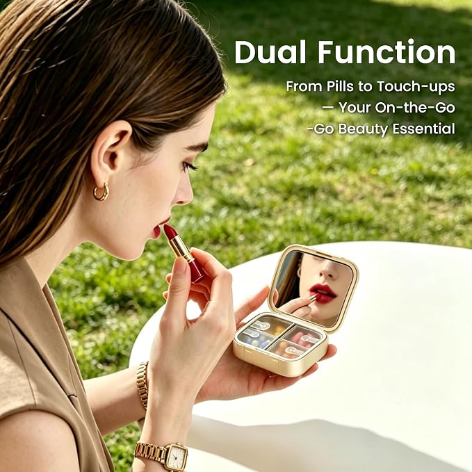 Travel Pill Organizer for Women, Cute Pill Box with Mirror | Compact,Waterproof,Bpa-free,Stylish,4 Compartment