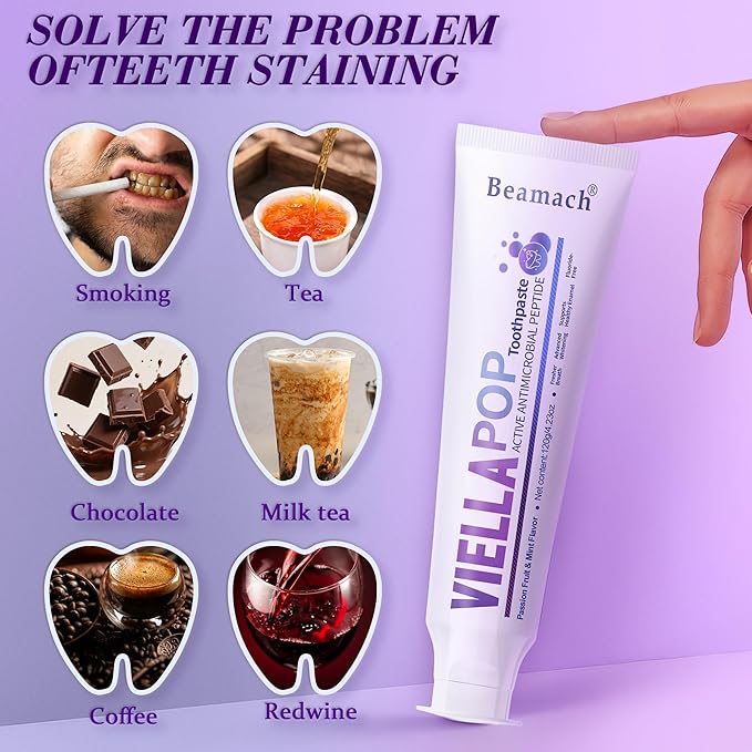 VIELLA POP Purple Toothpaste, Active Antimicrobial Peptide Purple to Blue Foam Whitening Toothpastes with Niacinamide, Fluoride Free, Passion Fruit & Mint Flavor, Appropriate for Sensitive Teeth (1)