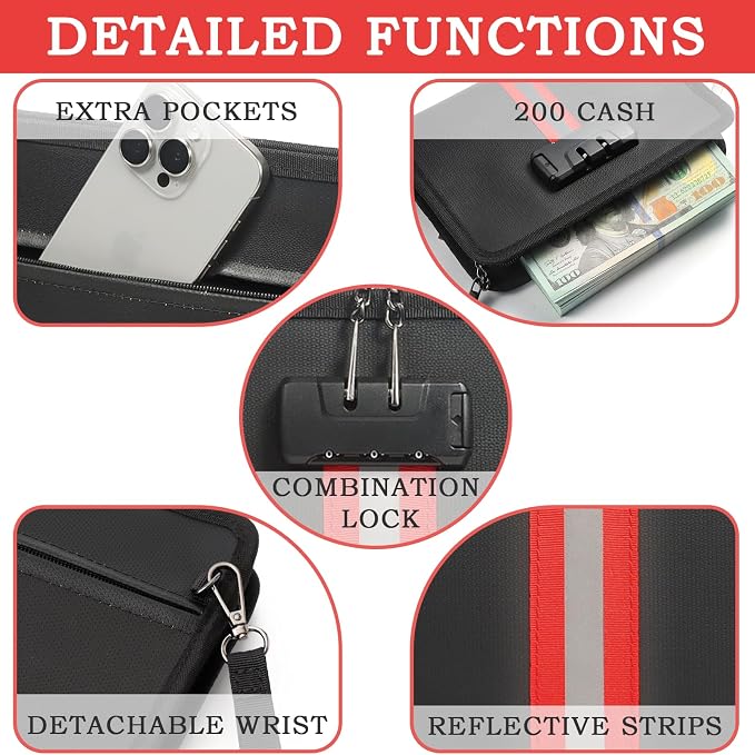 Fireproof Money Bag with Lock - 3600°F Fireproof & Waterproof Money Bag for Cash, 8"x5"x1.1" Password Lock Organizer Pouch for Valuables, Passports, Credit Cards, Home & Travel Security