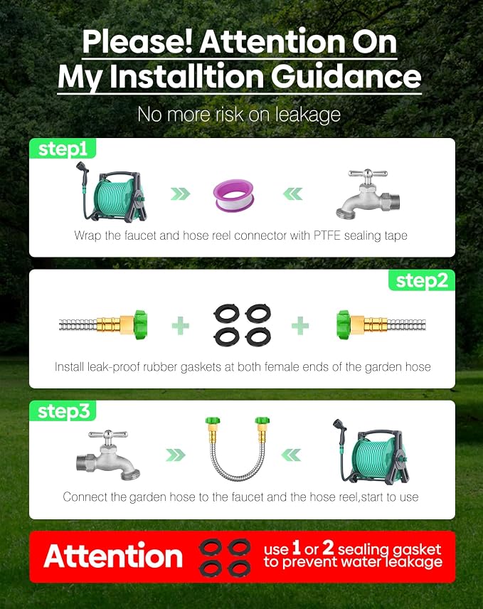 Short Metal Garden Hose 3 ft with Female to Female Connector， Stainless Steel Small Leader Hose for Hose Reel, Long, Flexible, Lightweight & Heavy Duty Water Pipe, Outdoor Water Hose Extension Adapter