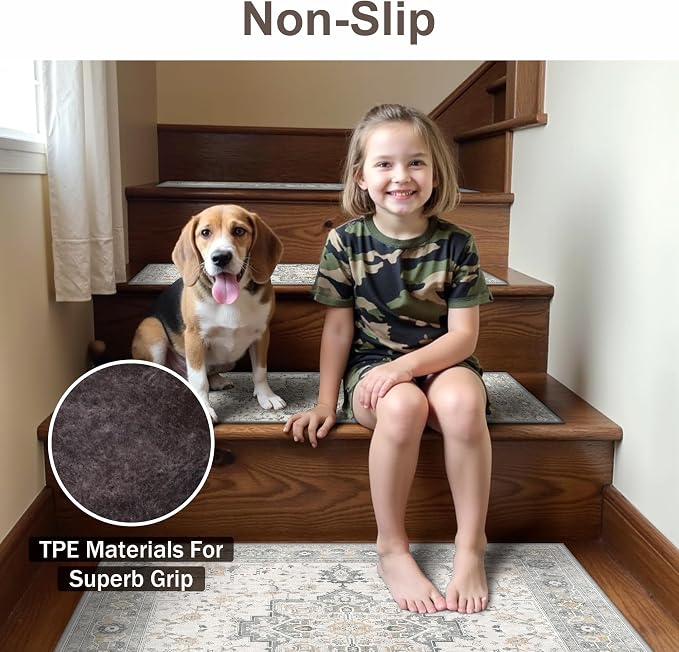 sarben 30"x30" Non Slip Stair Treads for Wooden Steps 1 Pack, Taupe | Peel and Stick Carpet Stair Runner with TPE Adhesive Backing, Carpet for Added Safety, Pet and Senior Friendly
