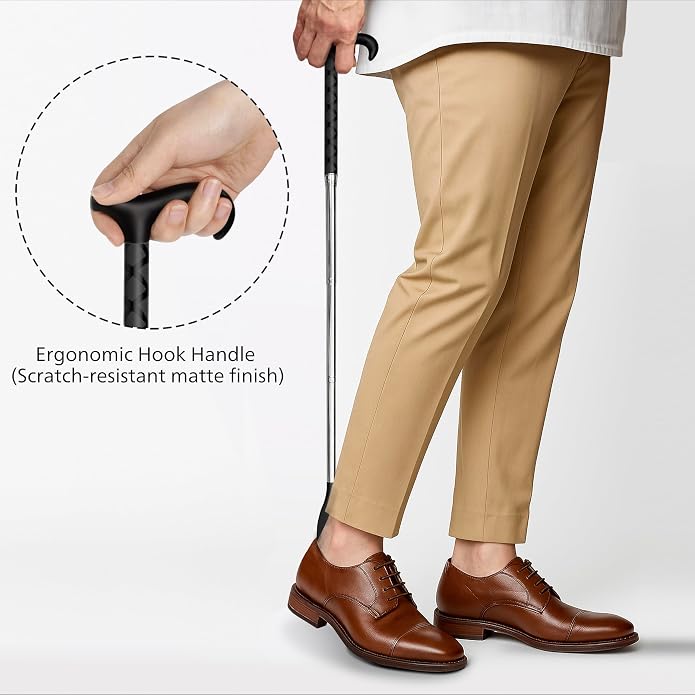 Shoe Horn Long Handle for Seniors, Telescopic Stainless Steel | Long Shoe Horn, 14"-35" Adjustable Length, One-Pull Extension, Matte Finish, Reduced Wobble, No-Bend Shoe Helper