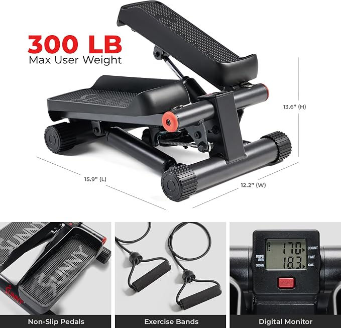 Sunny Health & Fitness Mini Steppers for Exercise at Home, Stair Step Workout Machine with Resistance Bands, Full Body Cardio Equipment, Optional Free SunnyFit App Connection Smart Stepper