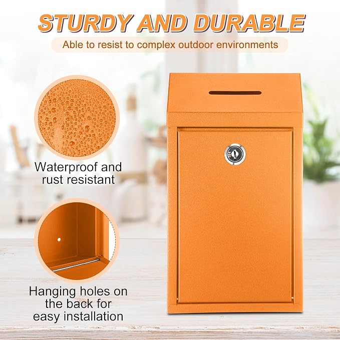 Yaocom Metal Money Box,Orange,10.24 x 5.71 x 2.95 Inch,No Lid | Wall Mounted Drop Donation Cash Box for Farm Stand Collection Safe Suggestion Box with Lock Container for Home Office Outdoor