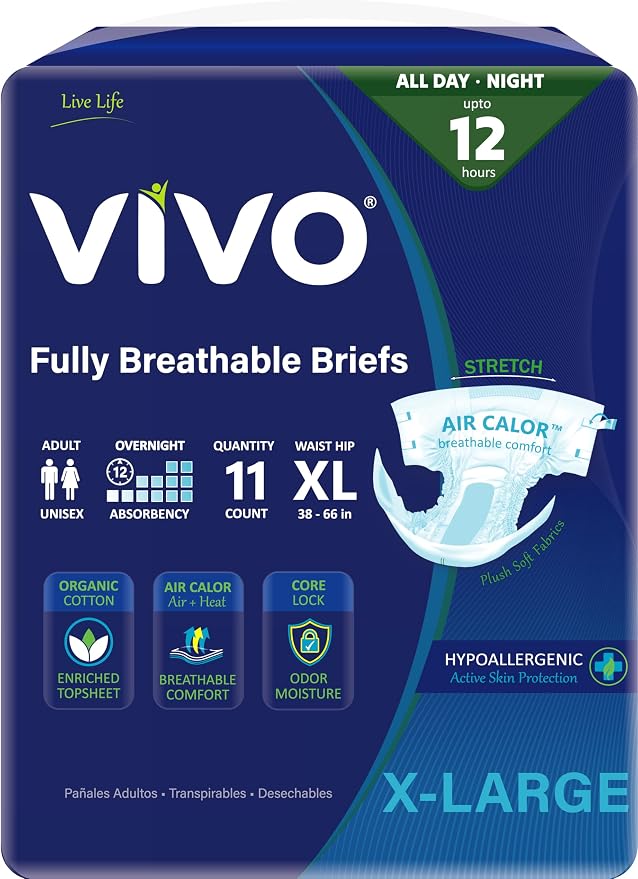 VIVO Organic Cotton Overnight Sensitive Skin Adult Incontinence Diaper Briefs with Tabs, X-Large 11 Count