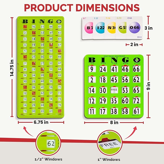 MR CHIPS Complete Bingo Game Set with Jam-Proof Shutter Cards – Easy Read Green Edition – 25 Reusable Large Print Bingo Cards with Sliding Windows, Master Board & Calling Cards – No Chips Needed